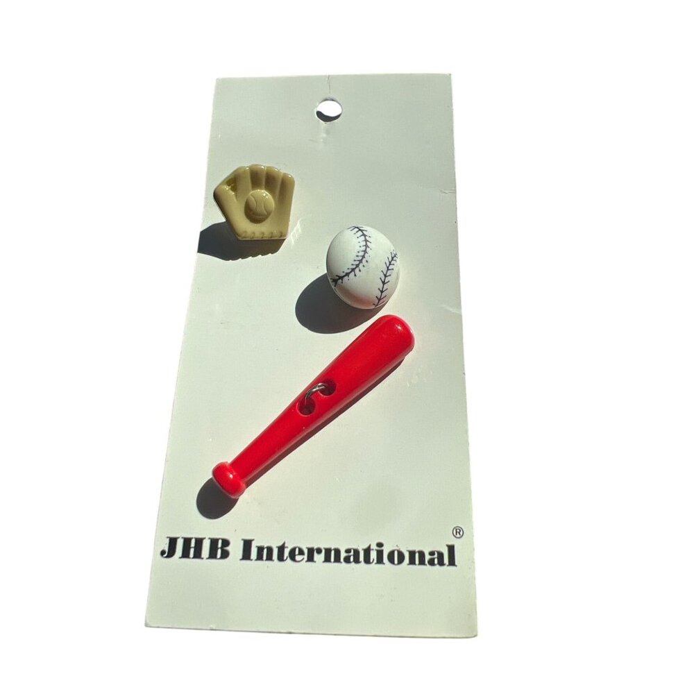 JHB International Set of 3 Baseball Theme Buttons Glove Bat Ball New on Card